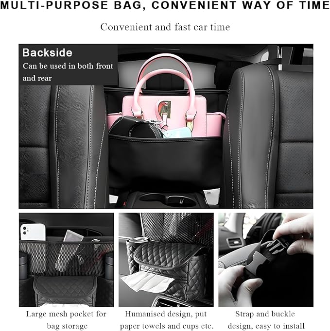 DXNQ Car Purse Holder Between Seats, Luxury Leather Front Seat Back Handbag Organizer with Tissue Box Cup Holders, Auto Large Capacity Multi Pocket Purse Holder Hanging Storage Bag (Black)