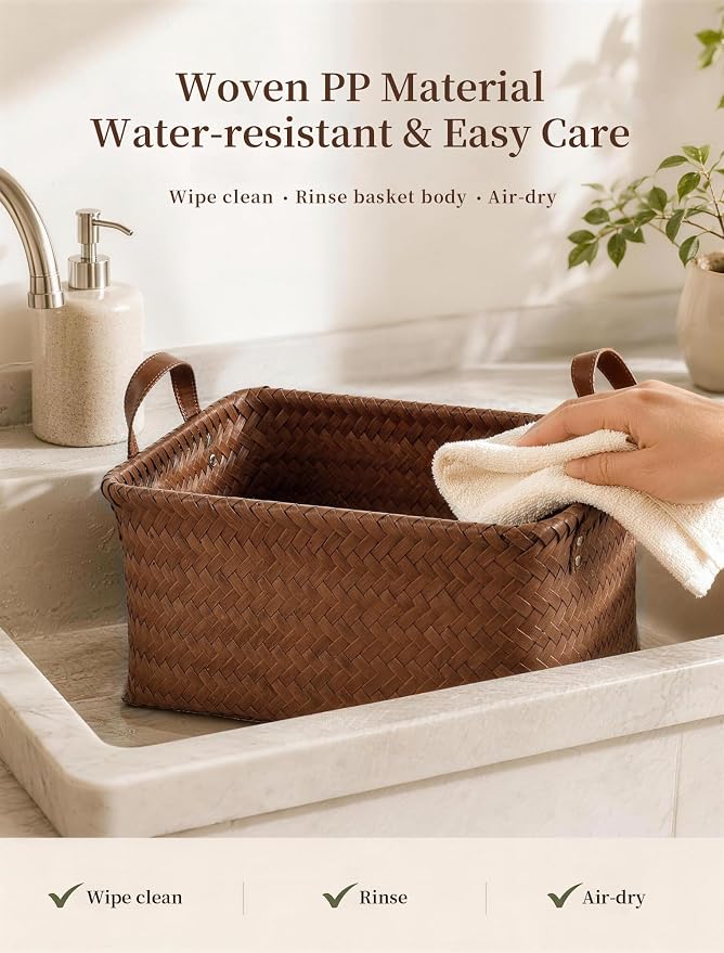 Hand Woven Baskets for Storage, 4Pcs Water-Resistant Wicker Baskets, Brown Wicker Storage Baskets for Shelves, Large Basket with Handle for Organizing, Clothes, Laundry, Blanket - Rectangular