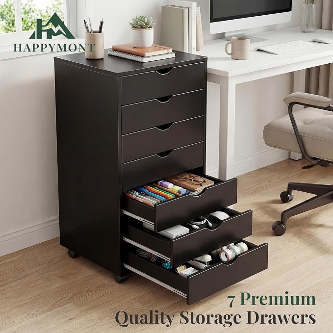 Mobile File Cabinet Under Desk, 7 Drawer Storage Organization with Wheels, Vertical Filing Chest Rolling Wood Small Desk Printer Stand for Home Office, 15.75" D x 18.74" W x 34.25" H