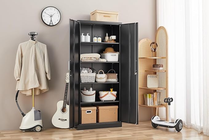 Guizeeopo Metal Storage Cabinet with Adjustable Shelves, Garage Storage Cabinets with Doors and Shelves, File Cabinets for Home Office, Kitchen Pantry Cabinet, 71'H, Black