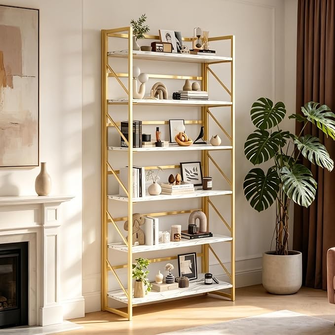 JSB 6 Tier No Assembly Folding Bookshelf, 30.7" Wide Foldable Storage Bookcase for Home Office, Space-Saving Storage Shelf for Living Room (White&Gold)