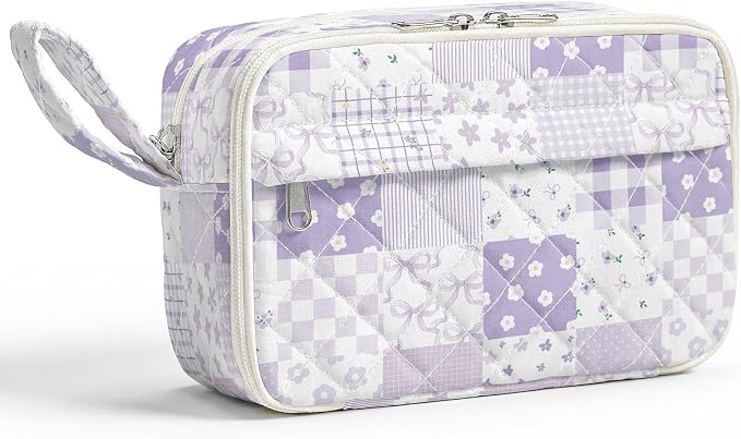 WOBAGMEN Quilted Pencil Pouch for Girls Women, Large Pencil Case Pouch with Compartments Cute Aesthetic Pencil Case Organizer, Floral Pencil Bag for School Supplies (Purple Checked Patchwoek)