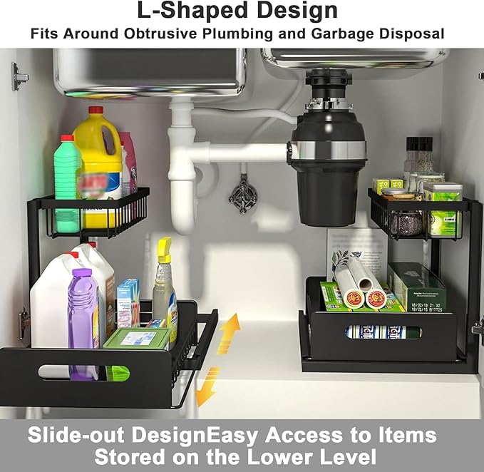Under Sink Organizer, Pull Out Cabinet Storage 2 Tier Slide Out Sink Shelf, Kitchen Organizers and Storage, Black, 1 Pack