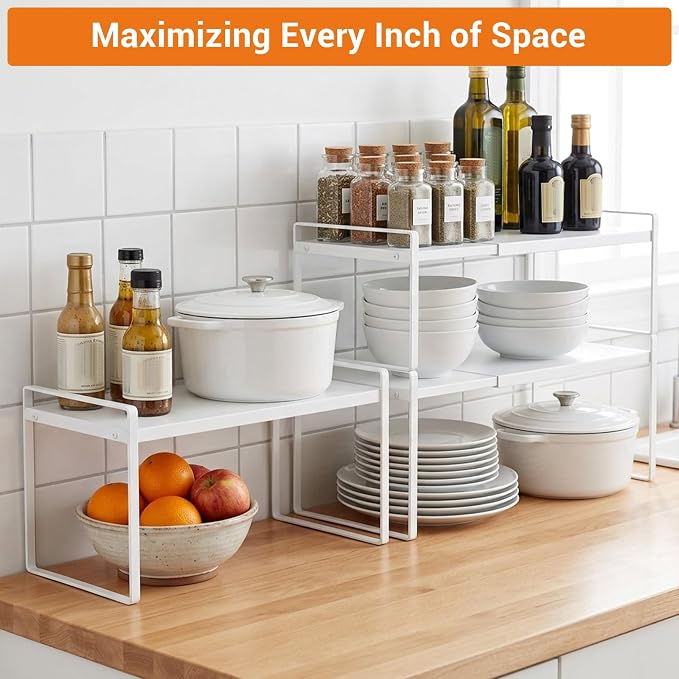 Kenaoeoe 14.2-23.6 Inch Expandable Cabinet Shelf Organizer Riser Adjustable Kitchen Cabinet Organizer for Pantry Cupboard Under Sink Countertop, Space Saver Storage Rack, White