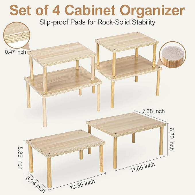 Aminigram Wood Cabinet Organizer Shelf, Set of 4 Kitchen Counter Shelves, Stackable Plate Organizer for Cabinet, Pantry Cupboard Dish Mug Cup Storage Shelf