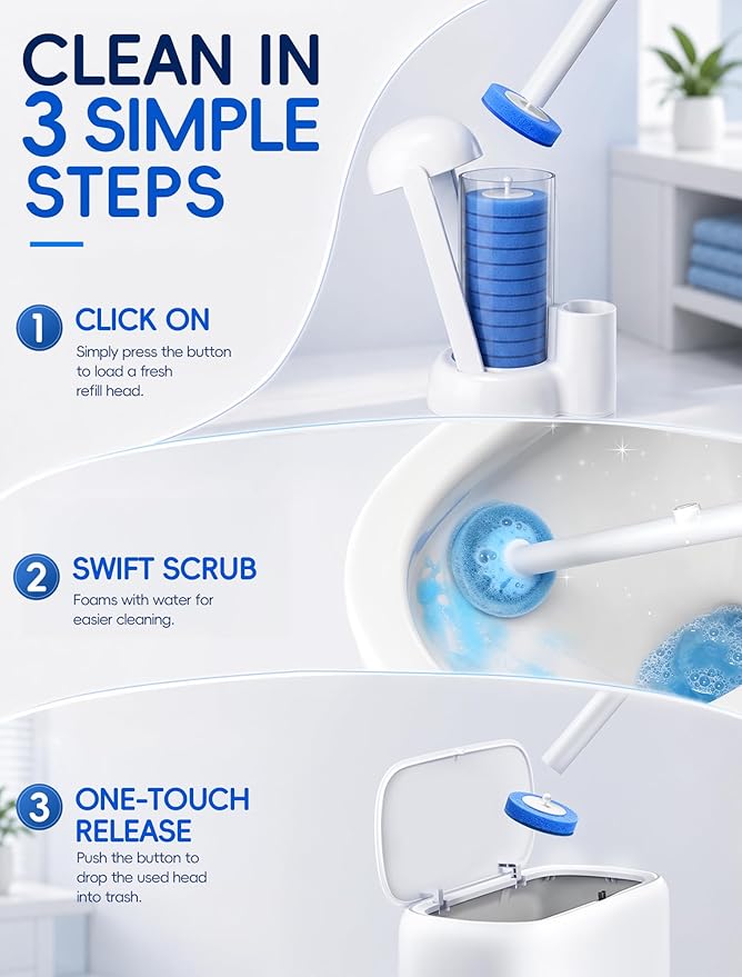 Disposable Toilet Brush System, Toilet Bowl Cleaning Wand with Lift-to-Open Refill Case, Blue Refill Heads and Freestanding Holder, 2 Wand and Holder Sets with 91 Blue Refills