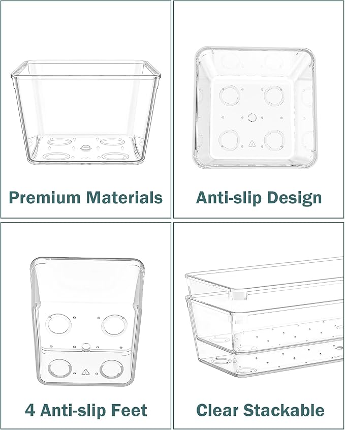 30Pcs Clear Plastic Drawer Organizers Set, 4size makeup drawer organizer trays for vanity,desk,bathroom,office,nightstand,gadgets for kitchen drawer, Versatile drawer divider storage bins