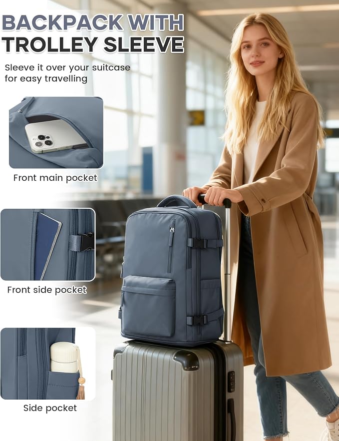 Large Travel Gym Backpack Women Carry On Backpack Flight Approved Hiking Waterproof Rucksack Casual Daypack Laptop bags airplanes Shoes Compartment Personal Item Travel Weekender Essentials JewelBlue