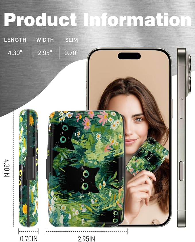 Maicican Credit Card Holder, Mini RFID Blocking Aluminum Wallet | Slim Metal Hard Case Travel Wallet ID Case for Women and Men, 4.3 x 2.9 Inches, Grassland and Cats