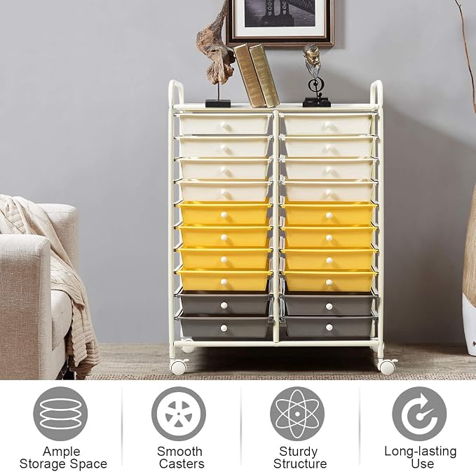 LDAILY 20-Drawer Rolling Storage Cart, Rolling Storage Cart, Storage Organizer on Wheels, Metal Frame, Scrapbook Paper Tools, Suitable for Office School, Classroom (Yellow, 20 Drawer)