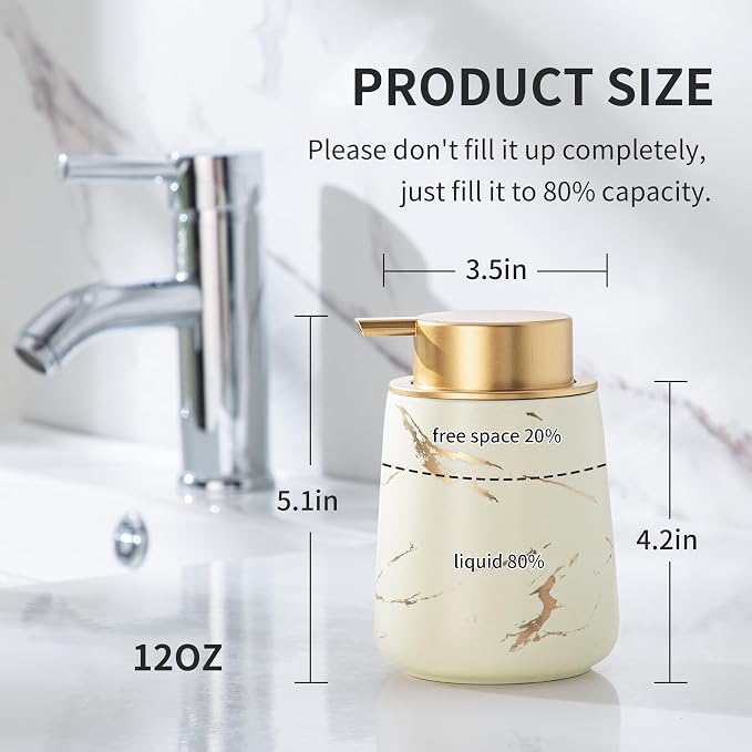 Enra Ceramic Gold Soap Dispenser, 12 oz Modern Liquid Hand Soap Dispenser for Bathroom Kitchen with Easy-to-Press(Gold Liquid Type-Beige)