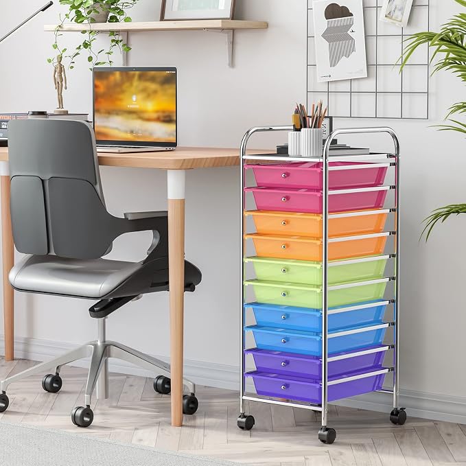 DREAMADE Rolling Cart with Storage Drawers, Utility Cart with Removable Plastic Drawers, Lockable Wheels, Art Cart for Classroom Organization Art Supplies Office Scrapbook (10 Drawers, Rainbow)