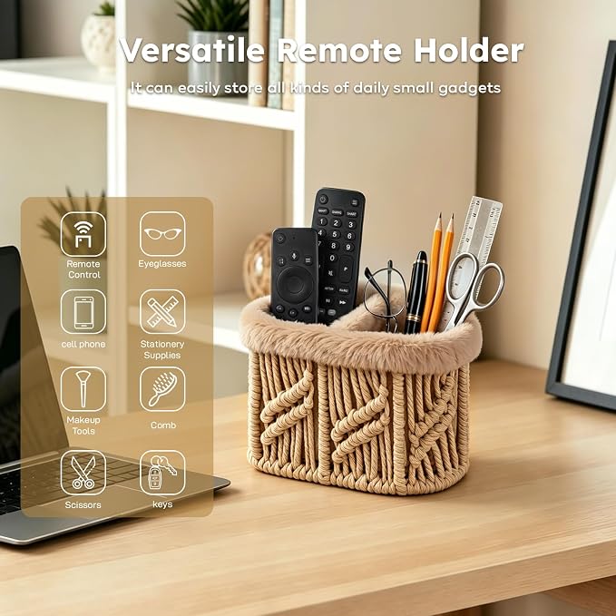 Remote Control Holder, Woven Plush Lined TV Remoter Holder Caddy | Nightstand Desk Dresser Table Storage Organizer for TV Remotes, Media Controllers, Glasses, Office Supplies (Brown, 2 Slots)