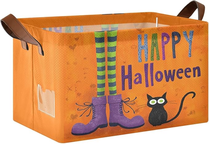Happy Halloween Witch and Cat Storage Basket Foldable Cube Storage Bins with Handles&Label Waterproof Collapsible Organizer Box Bin Large Rectangle Decorative Baskets for Shelves Home Room Laundry