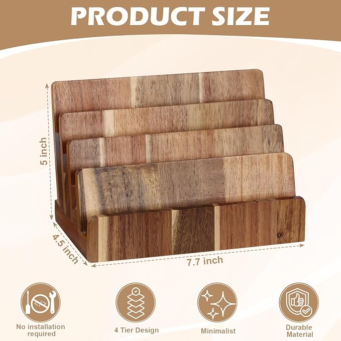 DLUGOPIS 4 Tier Acacia Wood Business Card Holder Desktop Business Card Display Stand Multiple Wood Business Card Organizer Gift Card Display Rack Pamphlet Display Stand for Exhibition Home Office