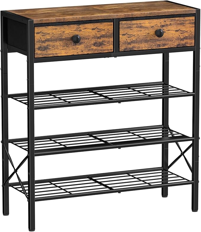 Shoe Rack for Entryway, 4 Tier Shoe Organizer with 2 Non-woven Drawers, Metal Storage Shoe Shelf for 12-16 Pairs of Shoes, with Wooden Top and Steel Frame, Shoe Stand for Closet Rustic Brown