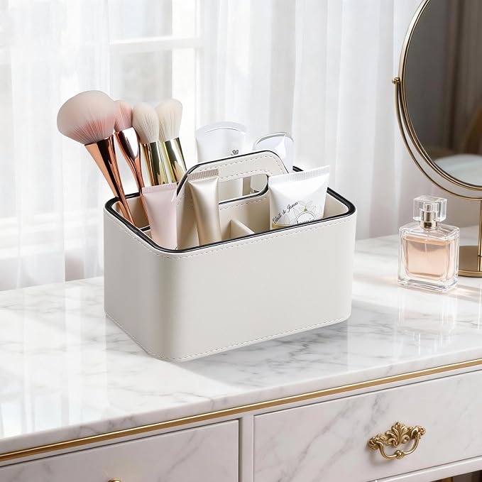 PU Leather Remote Control Holder, Desk Caddy Organizer with Handle Beige | 3 Compartments Portable Remote Organizer, Remote Caddy Bedside Holder for Office Storage Supply Organizer
