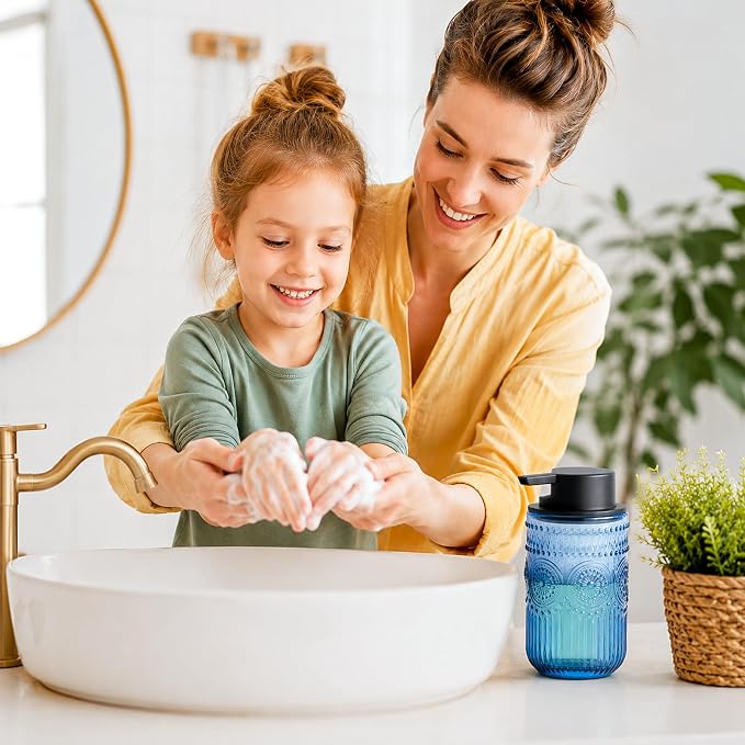 Glass Foaming Hand Soap Dispenser, 13.8 oz Kitchen Dish Soap Dispenser with Black Foam Pump,Blue Foam Soap Dispenser for Bathroom Decor
