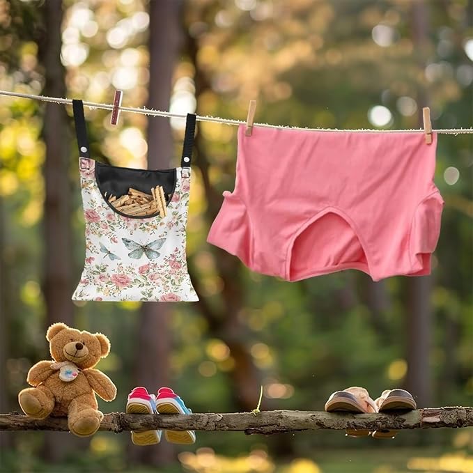 Butterfly Rose Space-Saving Laundry Clothespin Bag, Waterproof Polyester Material, 2 Rope for Hanging and Effortlessly Sliding on The Clothesline Clothespin Holder for Outdoor