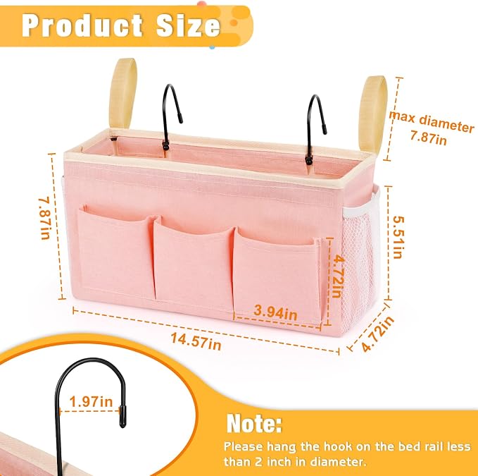 Lilithye Bedside Caddy Bedside Organizer Bedside Storage Caddy with Fixed Straps and Water Bottle Holder for Home College Dorm Bunk Bed Hospital Bed Crib Bed Rails (Pink)
