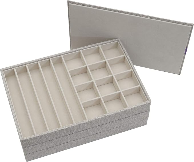 Household Essentials Grey Stacking Jewelry Organizer Box Tray Set with Removable Lid Fabric (744-1)