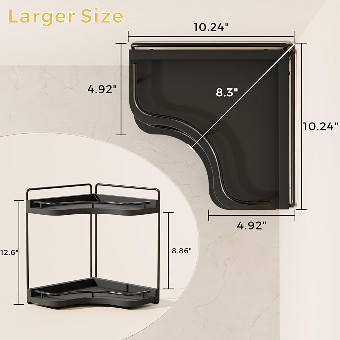 2-Tier Corner Bathroom Counter Organizer for Storage, Black | Larger Size, Solid Wood, Embedded Screw Holes, sink and Vanity Countertop Organizer for Perfume, Skincare & Makeup Storage
