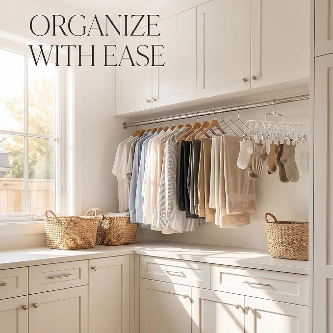 Pants Hangers with 20 Clips, Space Saving Hanging Closet Organizer (Beige) | 360°swivel & non-slip rustproof clips, multi-functional organizer holds leggings, skirts, hats, socks, scarves and lingerie