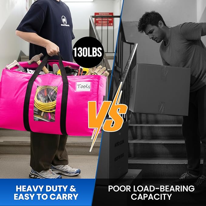 TAILI 6 Pack Pink Extra Large Moving Bags, Heavy Duty Totes with Visible Window, Wrap Around Handles, Space-Saving Storage Solution, Alternative to Moving Boxes