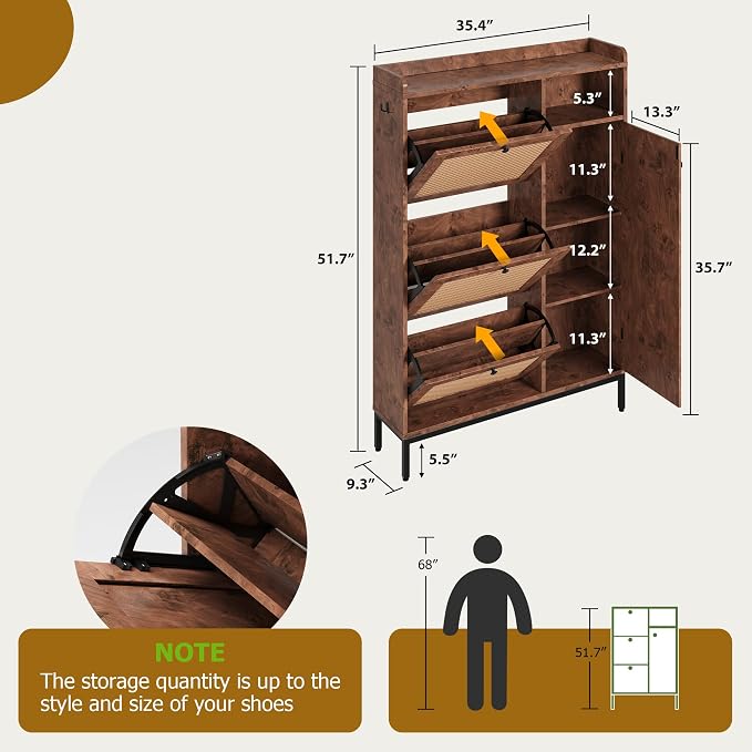 Garvee Shoe Cabinet with 3 Flip Drawers, Freestanding Shoe Organizer with 4-Tier Shoe Storage Cabinet and Adjustable Shelf & Rattan Doors,Narrow Shoe Rack Cabinet for Entryway, Closet, Hallway