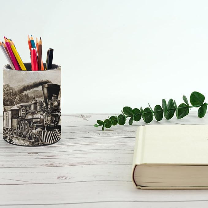 Vintage Steam Train Pen Holder Pencil Cup for Desk Organizer | Cute Makeup Brush Holder PU Multifunctional Office Suppliesfor Decor Home Classroom School