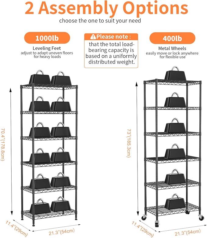 6-Tier Wire Rack Shelving,21.3" Wx11.4 Dx73 H,Metal Shelf On Lockable Wheels,Height Adjustable Wire Storage Shelves for Narrow Space/Kitchen/Pantry/Laundry/Office/Closet/Black