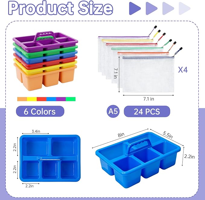 6 Pack Multiuse Caddy Organizer - Classroom Caddy with Handle & 5 Compartments, Portable Plastic Table Caddies Holder for Teacher, Desk, Art, School Supply Storage for Markers, Crayons