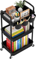 MOYIPIN 3-Tier Plastic Rolling Utility Cart with Handle,Utility Storage Cart for Office, Living Room, Kitchen,Movable Storage Organizer Shelves,Black with 3 Hanging Cups