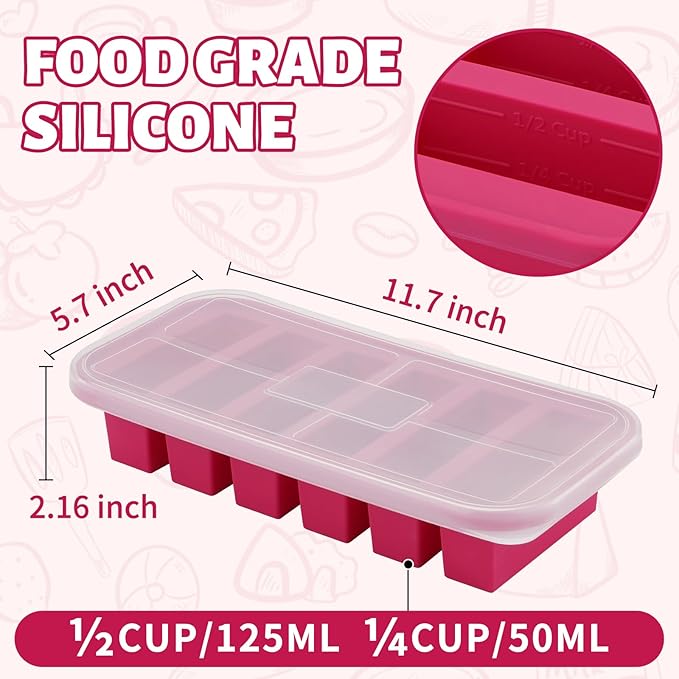 SHIKORI Silicone Freezer Trays with Lid,6-cup Soup Freezer Container large Ice Cube Molds with Reinforced Steel Ring Top for freezing Soup Sauce Broth Leftovers oven Dishwasher-Safe (Cranberry-6 Cup)