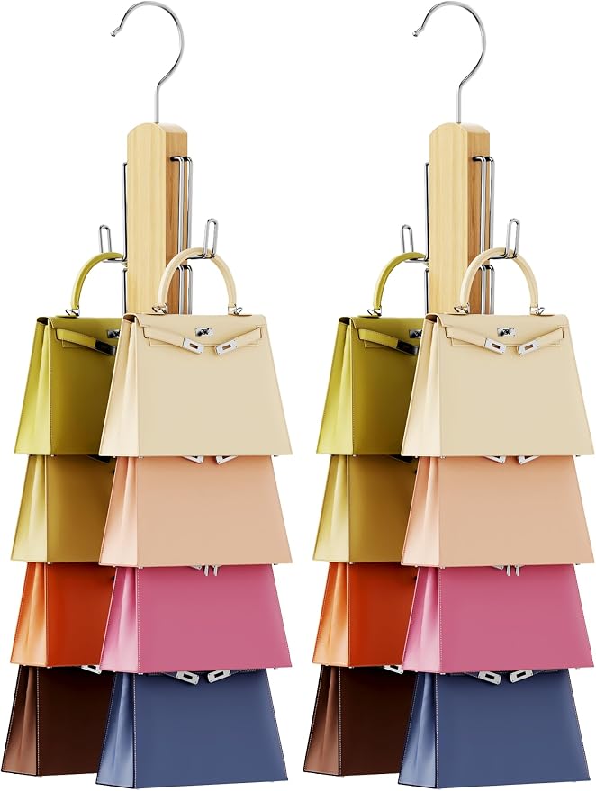 NiHome Wooden Purse Organizer for Closet, 8 Extra-Wide Metal Hooks Handbag Hanger, Space-Saving Hanging Bag Holder & Purse Rack for Closet Organization (Natural, 2 Pack)