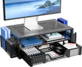 Simple Trending 2-Tier Metal Monitor Stand with Drawer & Pen Holder, Black | 20"W x 10"D x 5.8"H. Metal mesh cooling prevents overheating. 2-tier + drawer + pen holders. Non-slip. Fits laptop & monitor.