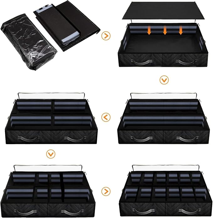 Under Bed Shoe Storage Organizer, Set of 2, Sturdy Structure, Adjustable Dividers, Reinforced Handle, Sturdy Zipper, Underbed Storage Solution with Clear Window, Breathable, Black