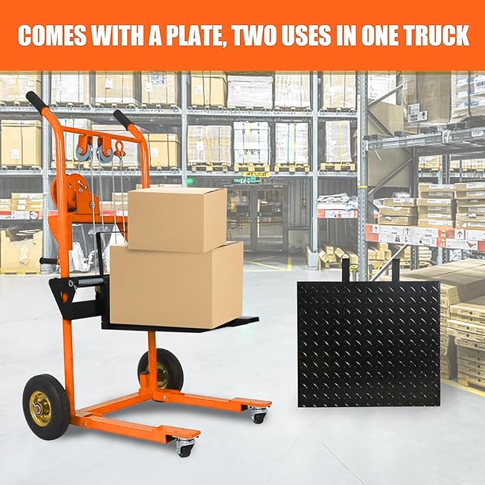 Tory Carrier Material Lift Winch Stacker, 440 lbs Capacity Pallet Stacker, 35.4" Lifting Height, Pallet Truck Dolly, Swivel Casters Lift Table Cart, Forklift with Steel Platform(Orange)