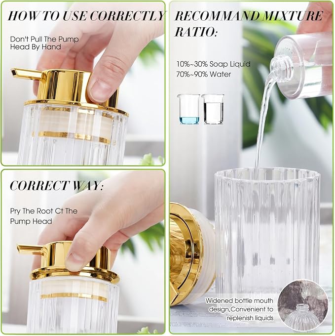 Potchen 2 Pcs Refillable Foaming Hand Soap Dispenser 10 oz Plastic Dispenser Pump Lotion Foaming with Silver Pump for Bathroom Vanities Kitchen(Gold)