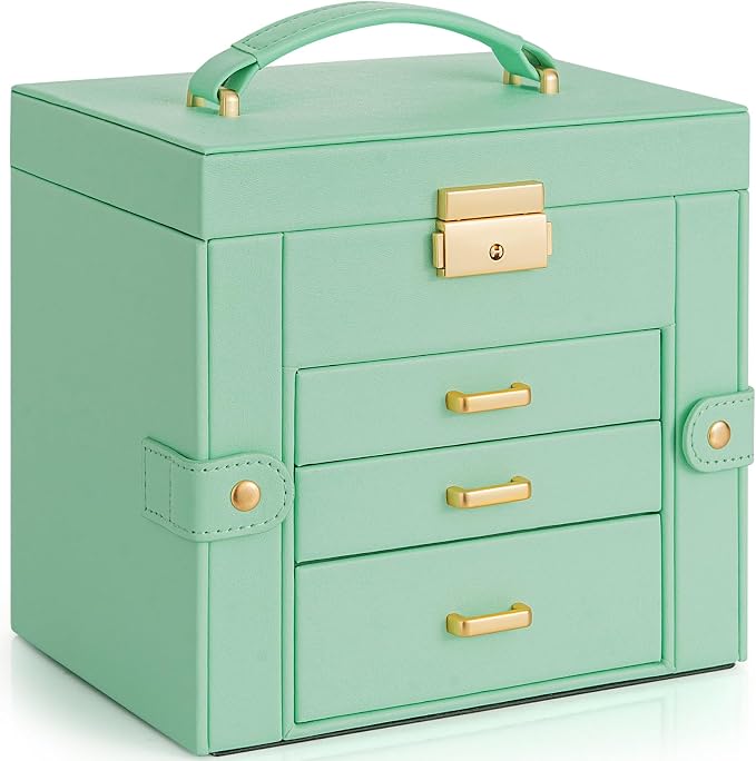 AKOZLIN 4-Tier Jewelry Box Leather Jewelry Storage Organizer with 3 Drawers Lockable for Women Girls Ring Necklace Earring Bracelet Holder with Mirror