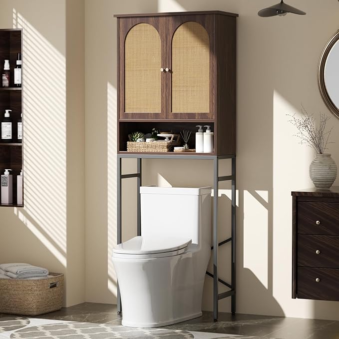 Befrases Rattan Toilet Storage Cabinet, Over the Rack Wood Cabinet with Metal Stand, Bathroom Organizer with Adjustable Shelf, Space Saving Cupboard for Small Bathrooms, Washer Shelf, Dark Brown