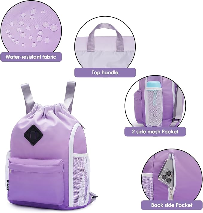 WANDF Drawstring Backpack with Shoe Compartment, Sports Gym Bag | Multi-Pocket Storage, Water-Resistant Fabric, Cinch String Bag