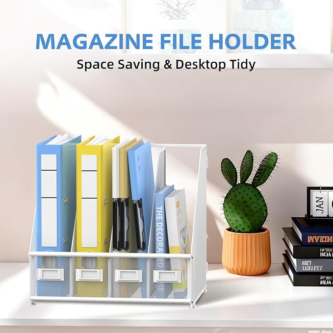 4 Vertical Compartments Magazine File Holder, Metal Binder Organizer, White | Space-Saving Desktop Storage, Built-In Label Holders, Anti-Slip Feet, Sized for Binders, Folders, Magazines and Files