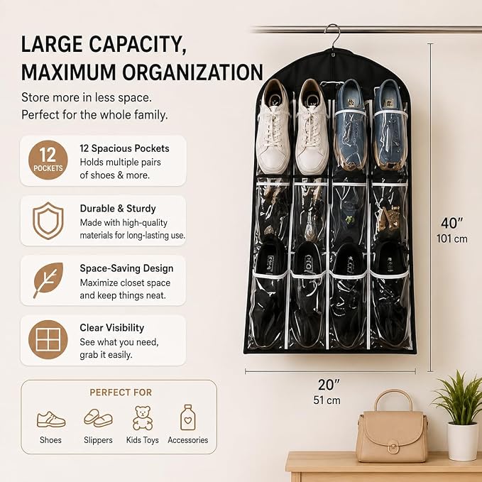 12 Pocket Clear Hanging Shoe & Accessory Organizer Bag - Closet Storage Solution for Shoes, Jewelry, Scarves, Belts & Small Accessories, Durable Space-Saving Design