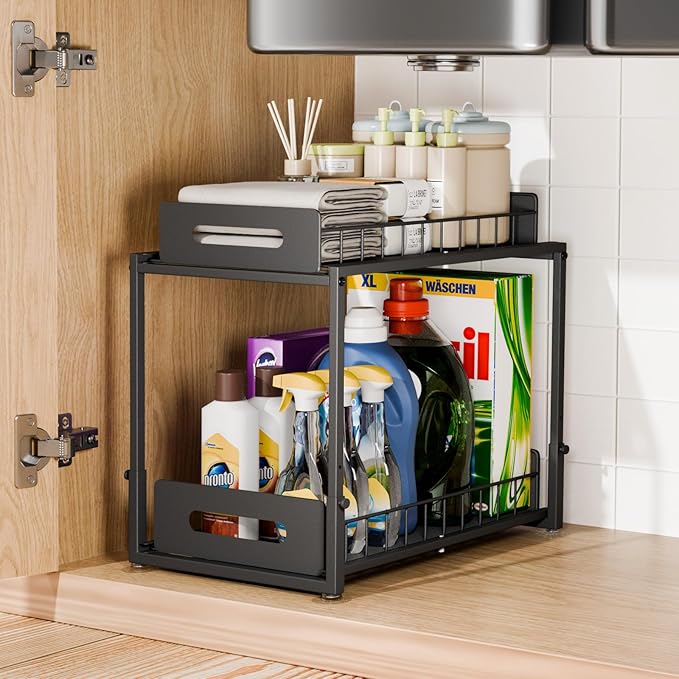 Under Sink Organizer and Storage, 2 Tier Pull Out Under Cabinet Organizer Shelf, Adjustable Height, Thickened Metal Slide Out Under Sink Storage for Kitchen Bathroom Cabinet