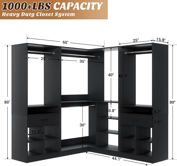 Unikito 86" Corner Closet System, Modular Closets Organizer with 4 Hanging Rods & Corner Tower, Freestanding L-Shaped Walk-In Wardrobe Organizer, Set of 3, Black