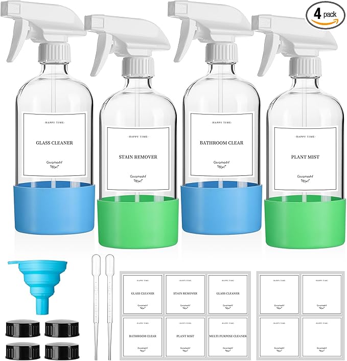 GIVAMEIHF 4 Pack Glass Spray Bottles with Silicone Sleeve,16oz Clear Glass Spray Bottles Refillable Empty Bottle with Adjustable Nozzle,Spray Bottle for Cleaning Solutions,Essential Oils,Pets,Hair