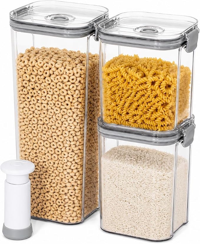 3-Piece Vacuum Seal Food Storage Containers with Pump, Airtight Clear Plastic Canister Set, Stackable Pantry Organizer (1.9 QT, 0.95 QT*2)