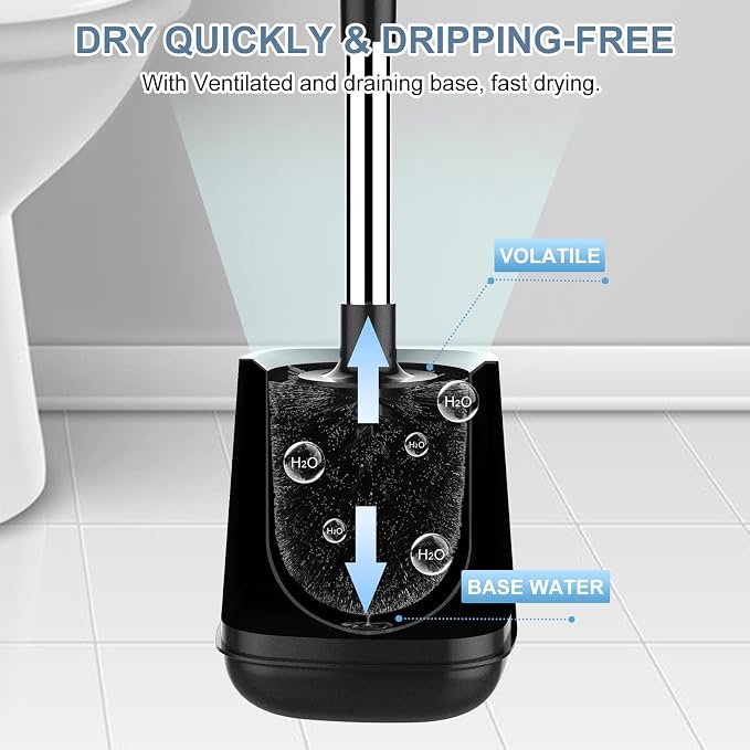 SetSail Toilet Brush and Holder, Self Closing Lid Toilet Bowl Brushes Holder and Extra Long Handle Ventilated Toilet Brush Set for Bathroom Cleaning, Nylon Bristles, Black