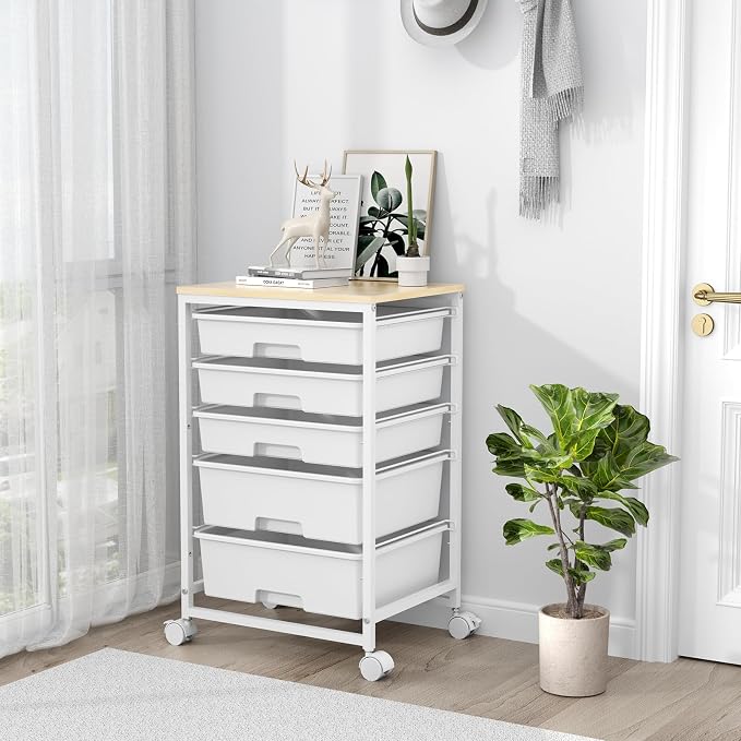 SYKIARIOL Utility Cart with 5 Drawers,Storage Drawer Cart with Wooden Tabletop and Lockable Wheels,Craft Storage Trolley Cart,5-Tier Rolling Utility Cart on Wheels,Bright White
